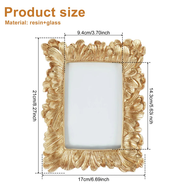Picture Frame Antique Leaf Embossment Photo Frame with Protection Glass Vintage Gold Resin Tabletop Display Photo Holder
