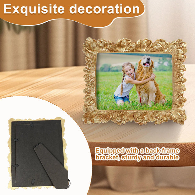 Picture Frame Antique Leaf Embossment Photo Frame with Protection Glass Vintage Gold Resin Tabletop Display Photo Holder