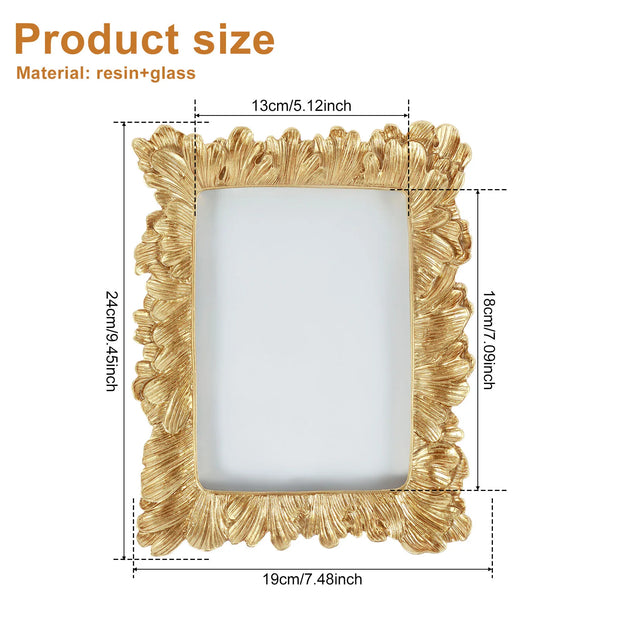 Picture Frame Antique Leaf Embossment Photo Frame with Protection Glass Vintage Gold Resin Tabletop Display Photo Holder