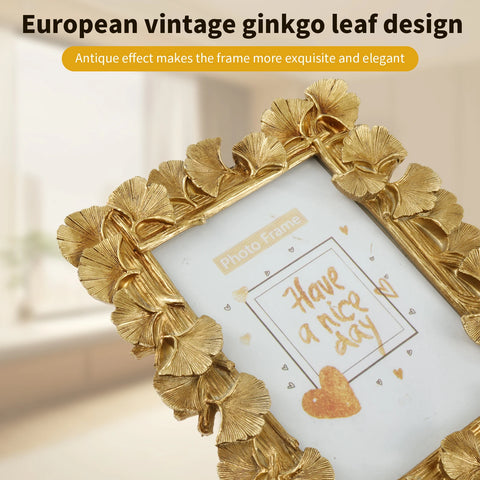 Picture Frame Antique Leaf Textured Photo Frame Vintage Gold Resin Tabletop Display Photo Holder for Home Bedroom Living Room