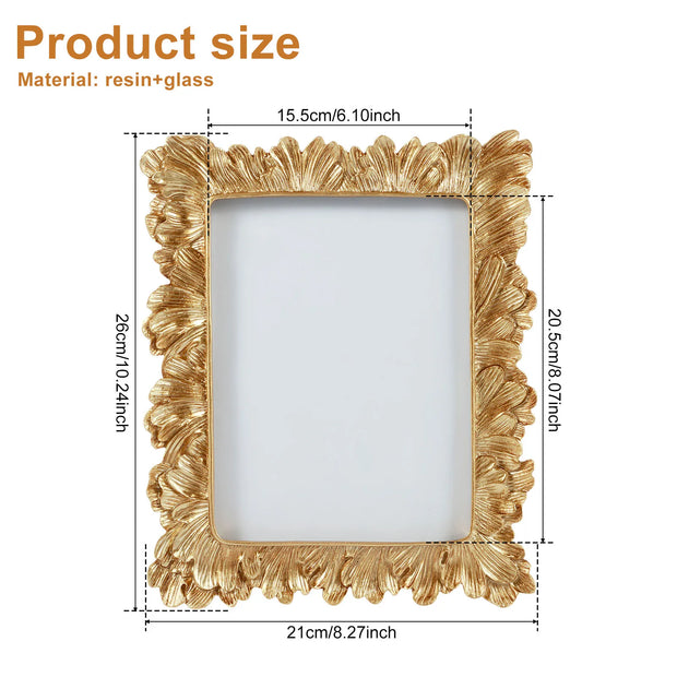 Picture Frame Antique Leaf Embossment Photo Frame with Protection Glass Vintage Gold Resin Tabletop Display Photo Holder