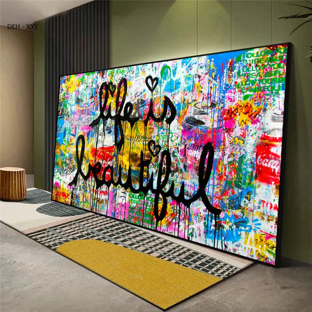 Canvas Wall Art ,life Is Beautiful Graffiti Art Canvas Posters and Prints Motivational Street Pop Art Mural Picture Home Decor