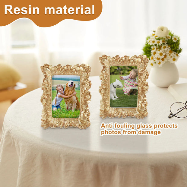 Picture Frame Antique Leaf Embossment Photo Frame with Protection Glass Vintage Gold Resin Tabletop Display Photo Holder