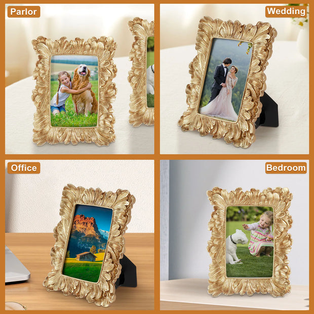 Picture Frame Antique Leaf Embossment Photo Frame with Protection Glass Vintage Gold Resin Tabletop Display Photo Holder