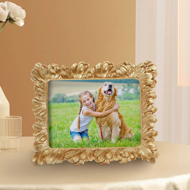 Picture Frame Antique Leaf Embossment Photo Frame with Protection Glass Vintage Gold Resin Tabletop Display Photo Holder