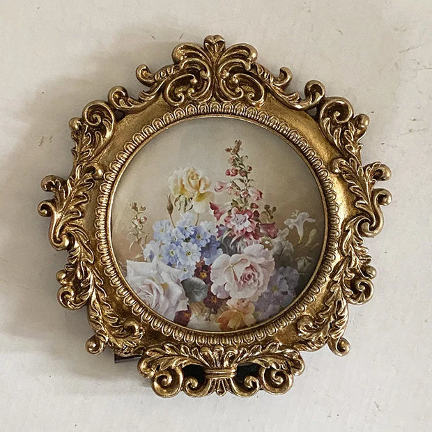 Resin Picture Round Frame Tabletop Wall Mounted Floral Embossed Ornament Painting Frame Vintage Baroque Wooden Photo Frame Holde