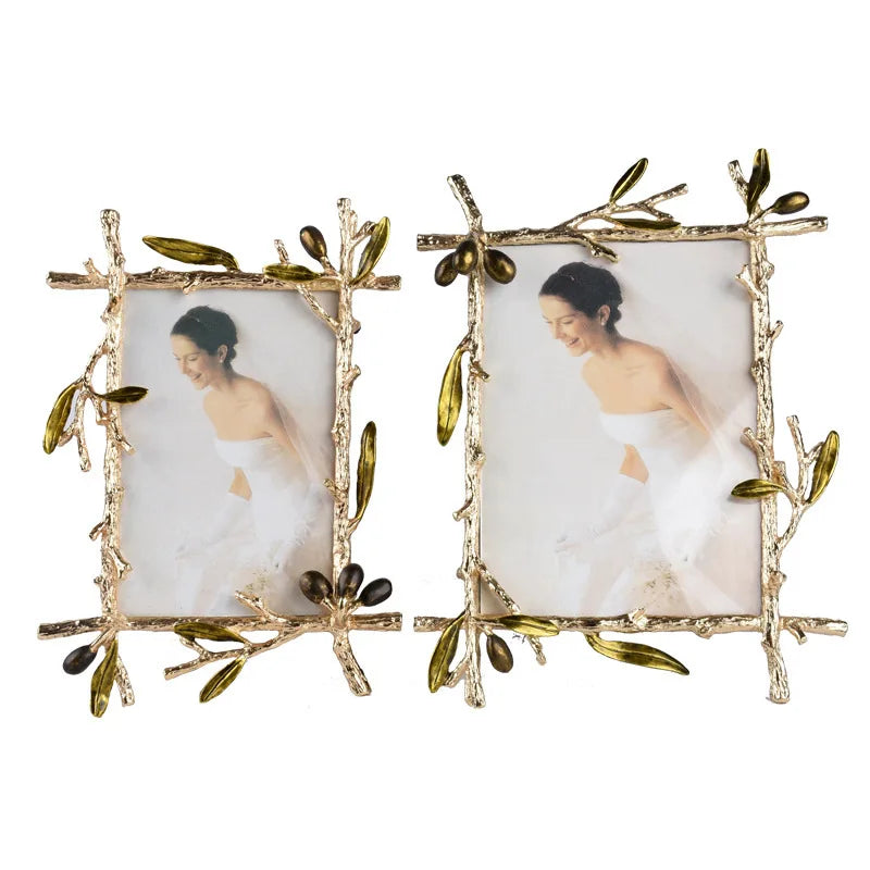Golden Olive Branch Metal Photo Frame – Wall & Table Display
