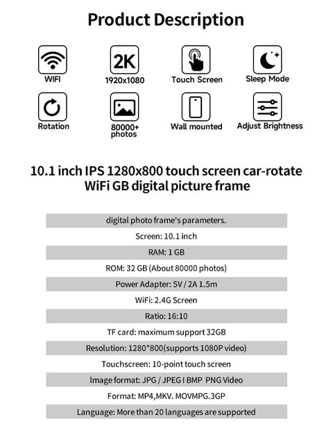 Frameo 10.1 Inch WiFi Digital Picture Frame，1280 * 800IPS HD Cloud Smart Digital Photo Frame,32GB Storage, Wall Mountable, Auto-