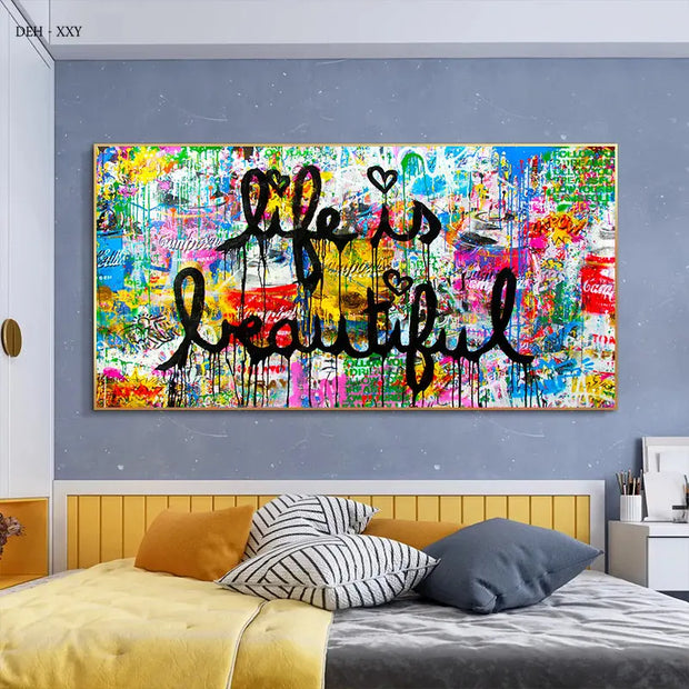 Canvas Wall Art ,life Is Beautiful Graffiti Art Canvas Posters and Prints Motivational Street Pop Art Mural Picture Home Decor