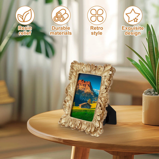Picture Frame Antique Leaf Embossment Photo Frame with Protection Glass Vintage Gold Resin Tabletop Display Photo Holder