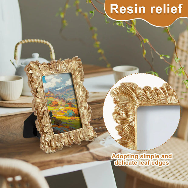 Picture Frame Antique Leaf Embossment Photo Frame with Protection Glass Vintage Gold Resin Tabletop Display Photo Holder