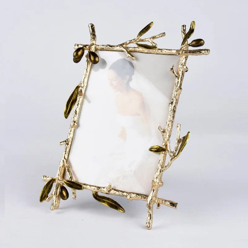 Golden Olive Branch Metal Photo Frame – Wall & Table Display