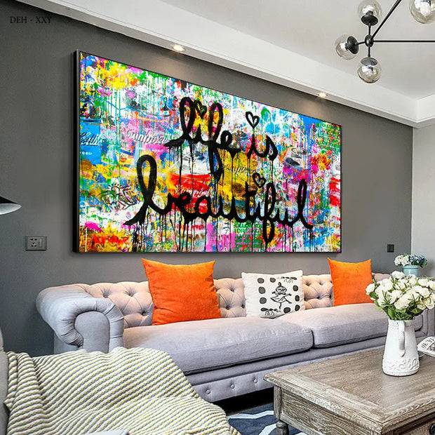 Canvas Wall Art ,life Is Beautiful Graffiti Art Canvas Posters and Prints Motivational Street Pop Art Mural Picture Home Decor