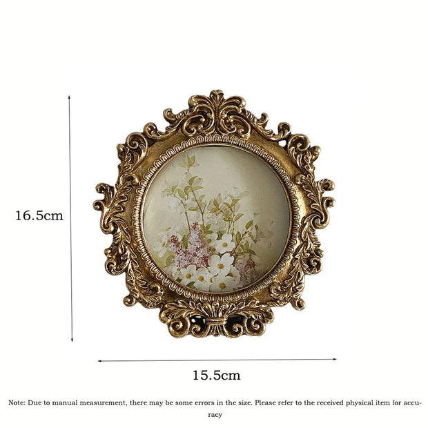Resin Picture Round Frame Tabletop Wall Mounted Floral Embossed Ornament Painting Frame Vintage Baroque Wooden Photo Frame Holde