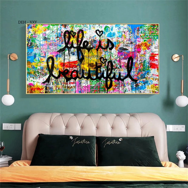 Canvas Wall Art ,life Is Beautiful Graffiti Art Canvas Posters and Prints Motivational Street Pop Art Mural Picture Home Decor