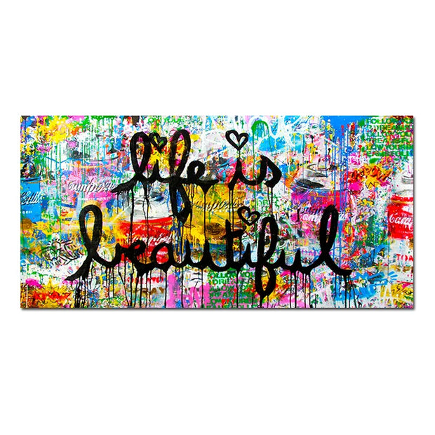 Canvas Wall Art ,life Is Beautiful Graffiti Art Canvas Posters and Prints Motivational Street Pop Art Mural Picture Home Decor